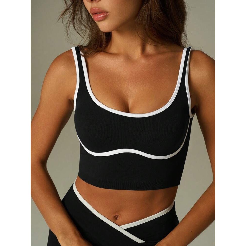 Black and White Contrast Trim Sports Bra Crop Tank Small